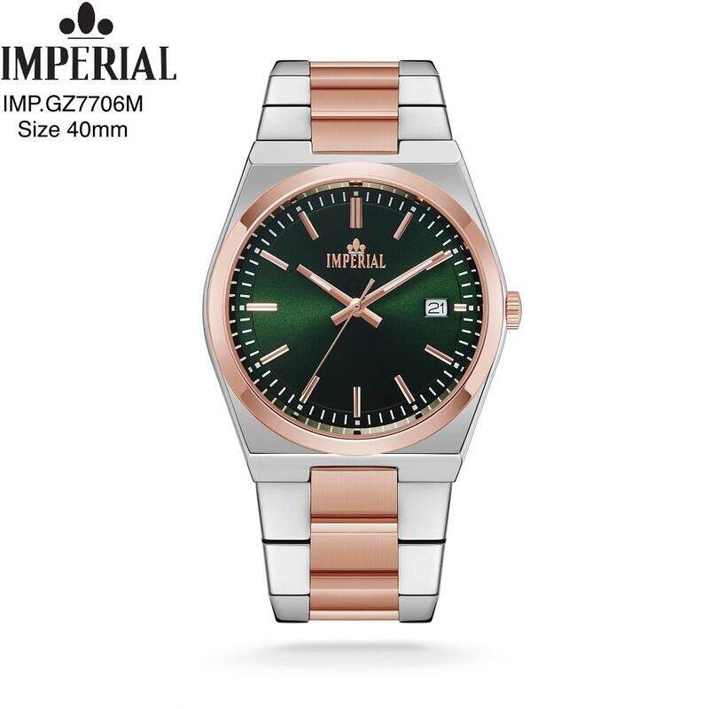 

Imperial 7706g, gents pair watch, silver rosegold ,green dial,Date