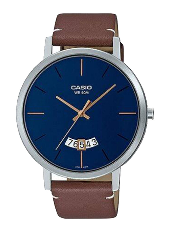 

Casio Enticer Men Analog Watch for Men with Leather Band, Water Resistant, MTP-B100L-2EVDF, Brown-Blue