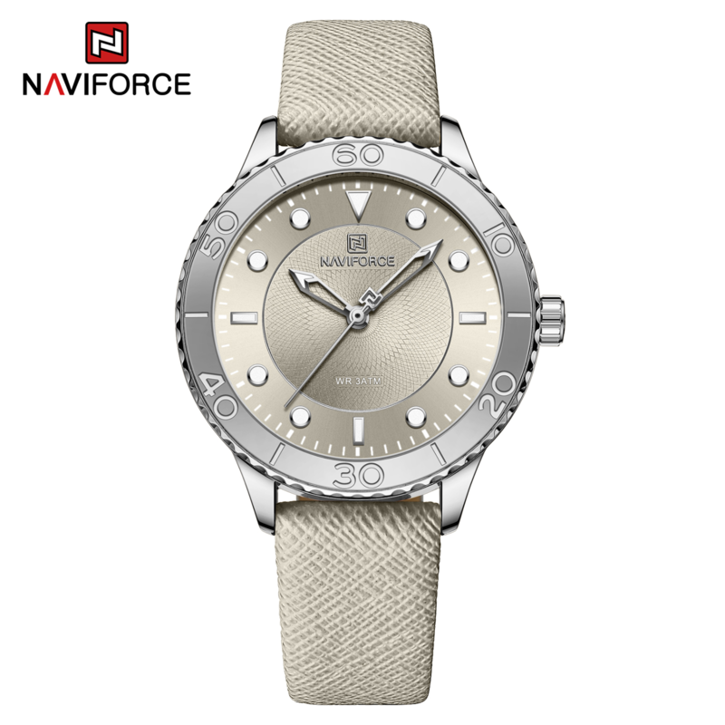 

Naviforce Analog Watch for Women with Leather Genuine Band, Water Resistant, 5020, Off White-Grey