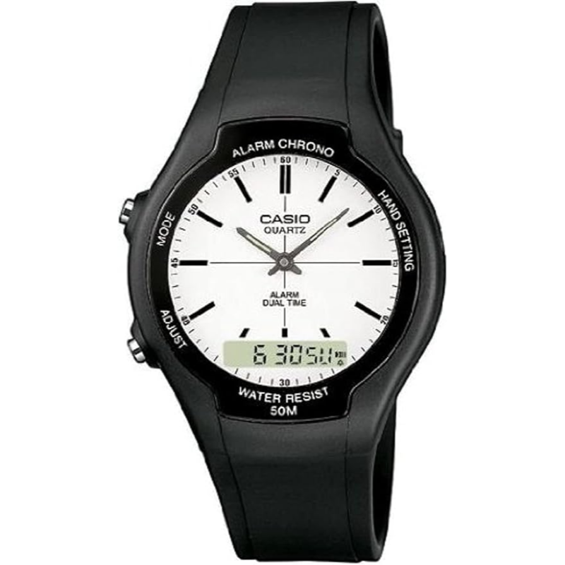 

Casio Standard Analog/Digital Watch for Men with Plastic Band, Water Resistant, AW-90H-7EVDF, Black-White