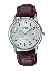 Casio Analog Wrist Watch for Men with Leather Band, Water Resistant, MTP-V002L-7B2, Brown-Silver