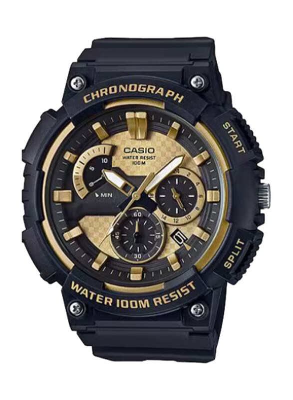 

Casio Youth Analog Watch for Men with Resin Band, Water Resistant and Chronograph, MCW-200H-9AVDF, Black-Gold