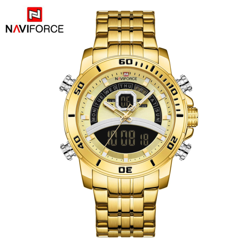 

Navi Force Analog/Digital Watch for Men with Stainless Steel Band, Water Resistant and Chronograph, 9181, Gold-Gold