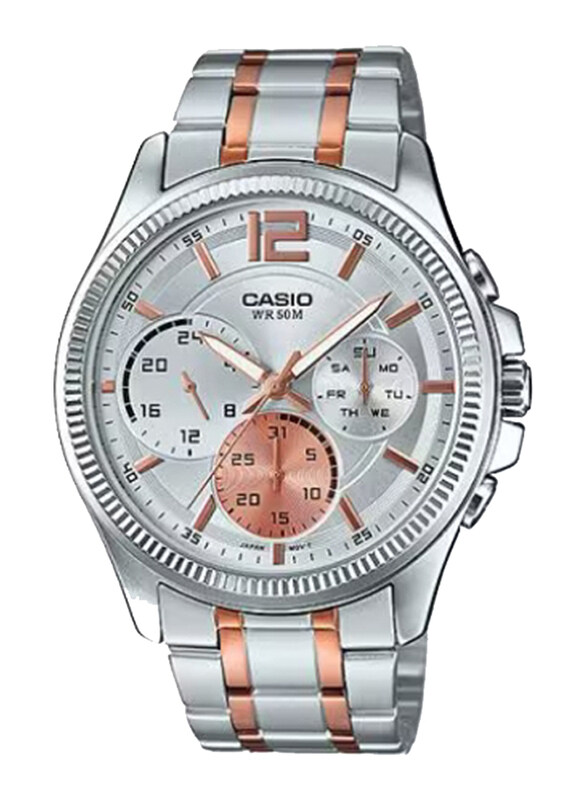 

Casio Enticer Men Analog Watch for Men with Stainless Steel Band, Water Resistant and Chronograph, MTP-E305RG-7AVDF, Silver/rose Gold-Silver