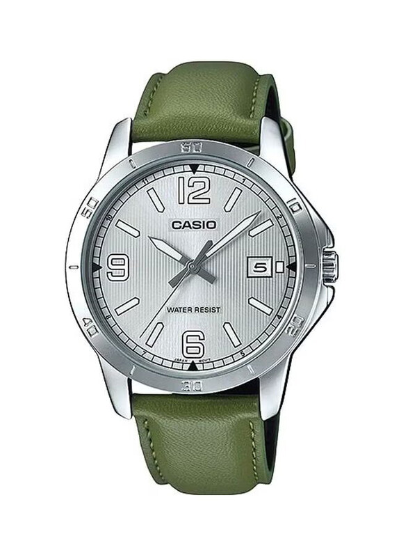 

Casio Analog Watch for Men with Leather Band, Water Resistant, MTP-V004L-3B, Green-Silver