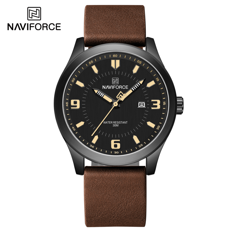 

Navi Force Analog Watch for Men with Leather Band, Water Resistant, NF8024, Dark Brown-Black