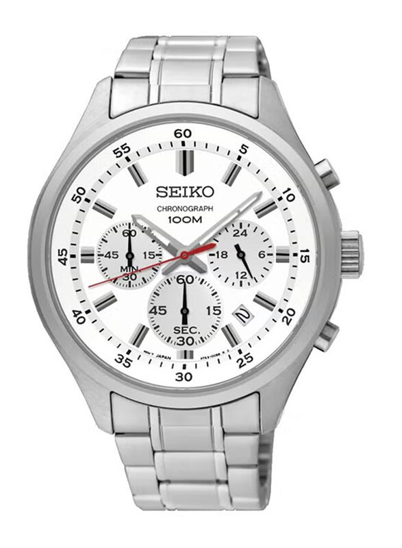 

Seiko Analog Watch for Men with Stainless Steel Band, Water Resistant and Chronograph, SKS583P1, Silver-White