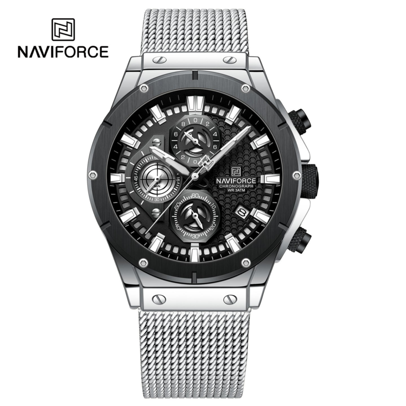 

Naviforce Analog Watch for Men with Stainless Steel Band, Water Resistant and Chronograph, 8027 S, Silver-Black