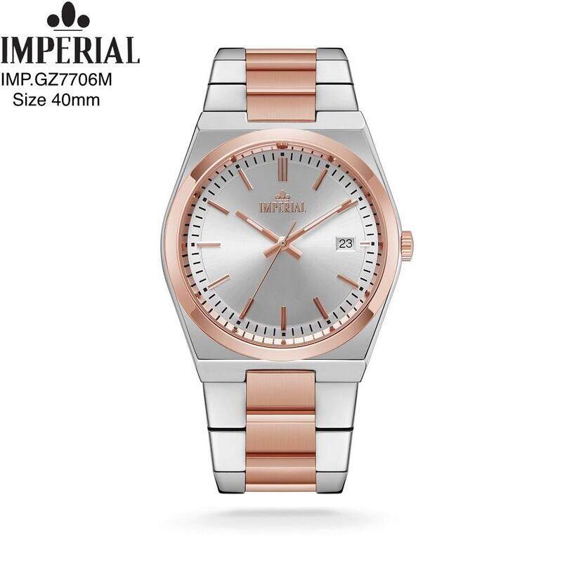 

Imperial 7706g, gents pair watch, silver,rosegold wht dial,Date