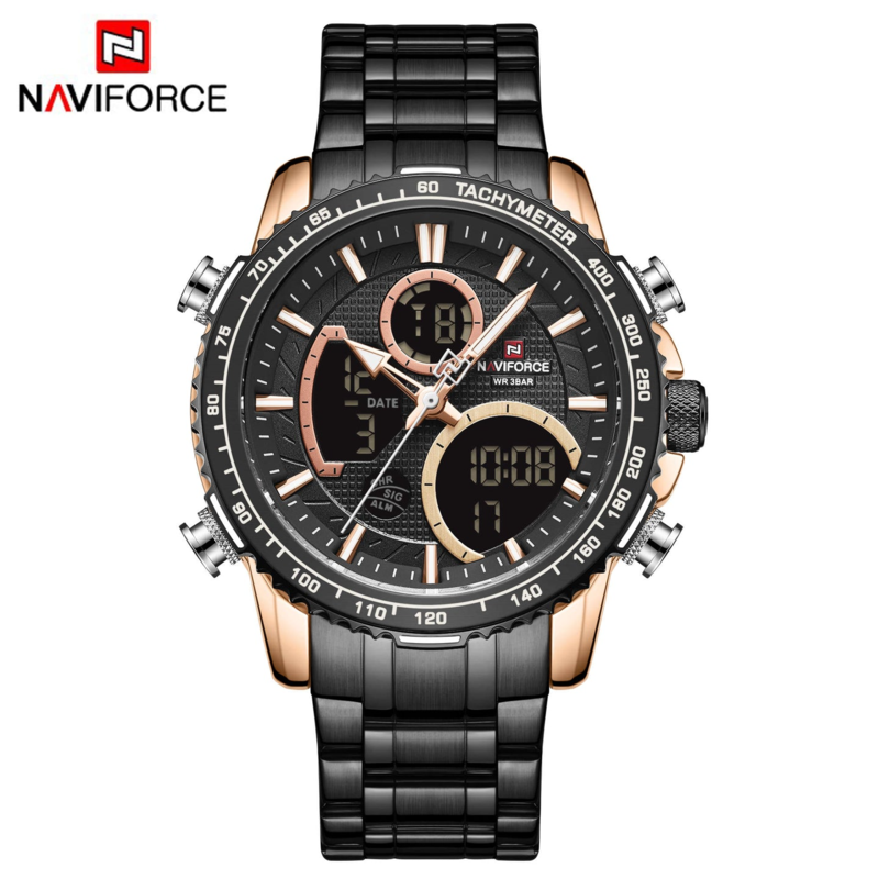 

Navi Force Analog Watch for Men with Stainless Steel Band, Water Resistant and Chronograph, 9182, Silver-Black