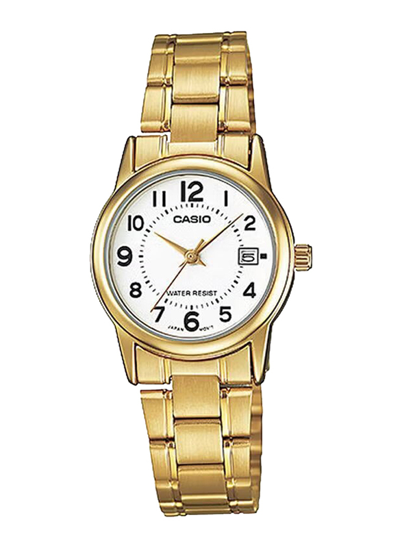 Casio Quartz Analog Watch for Women with Stainless Steel Band, Water Resistant, LTP-V002G-7BUDF, Gold/White