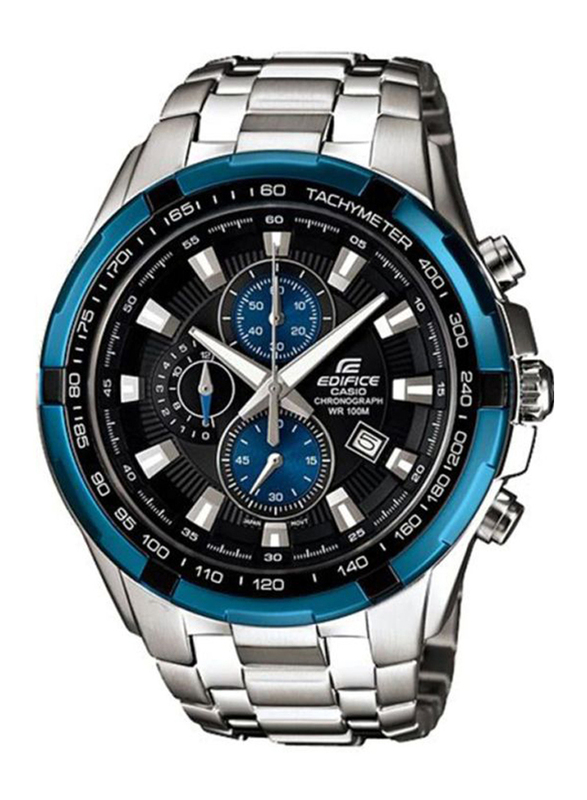 Casio Edifice Analog Watch for Men with Stainless Steel Band, Water Resistant and Chronograph, EF-539D-1A2, Silver-Black/Blue