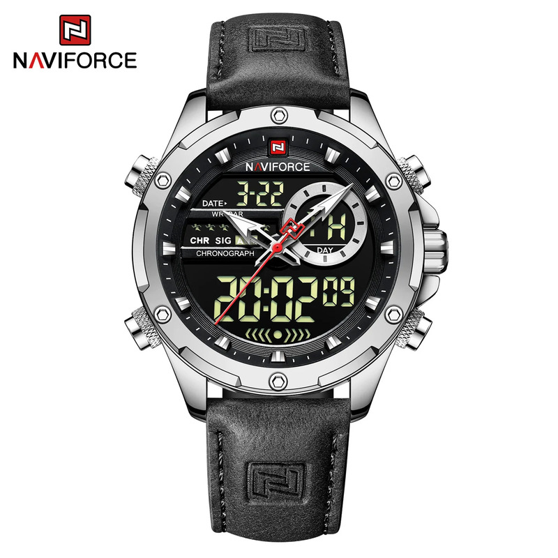 Naviforce Analog/Digital Watch for Men with Leather Genuine Band, Water Resistant, NF9208, Black-Black