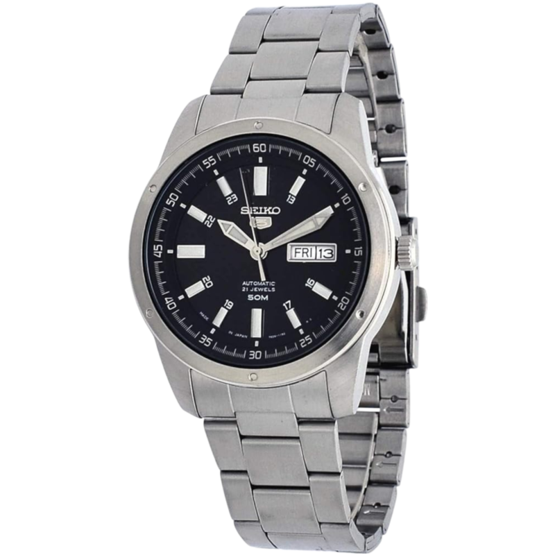 

Seiko Series 5 Analog Watch for Men with Stainless Steel Band, Water Resistant, SNKN13J1, Silver-Black