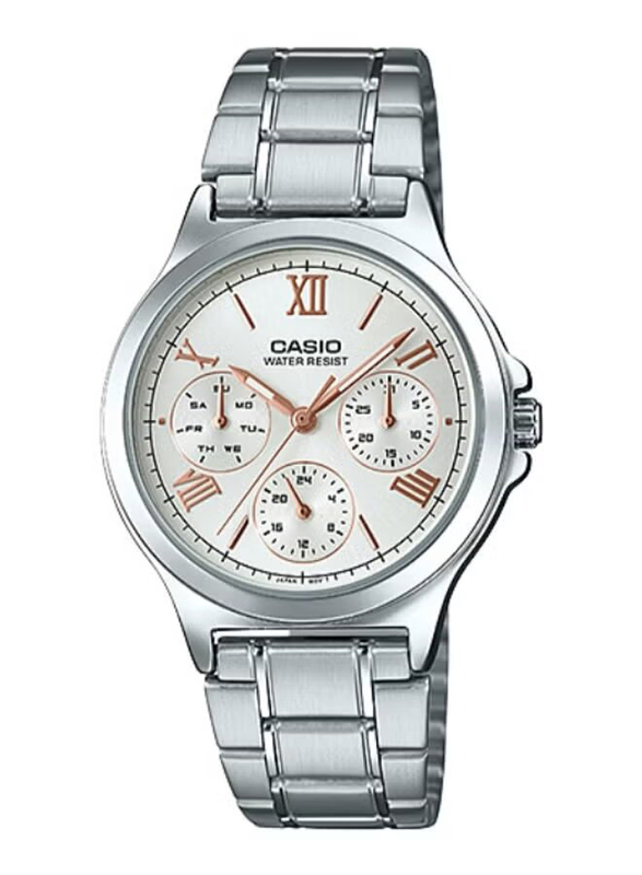 Casio Analog Watch for Women with Stainless Steel Band, Water Resistant and Chronograph, LTP-V300D-7A2UDF, Silver-White