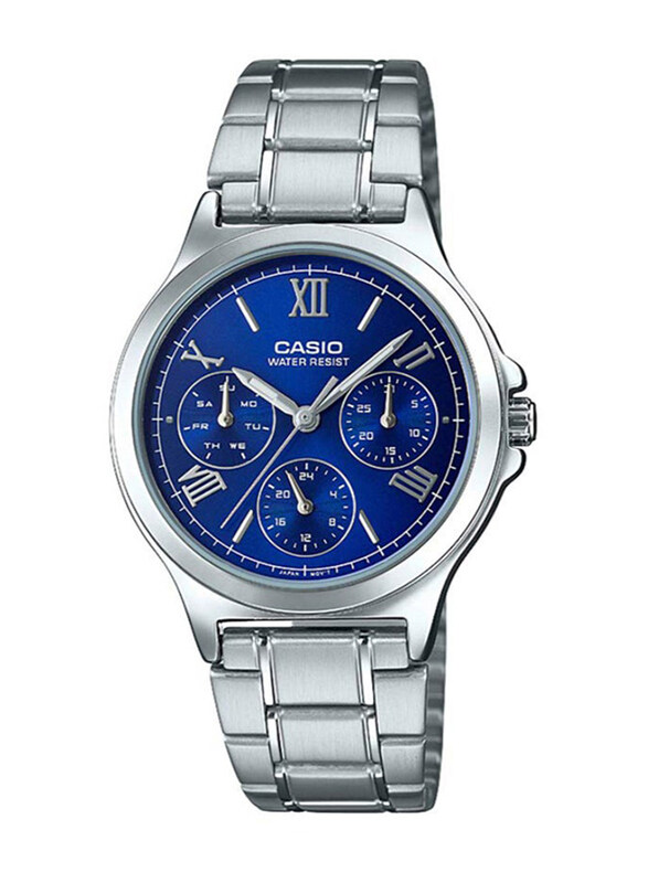

Casio Enticer Analog Watch for Women with Stainless Steel Band, Water Resistant and Chronograph, LTP-V300D-2A2UDF, Silver-Blue