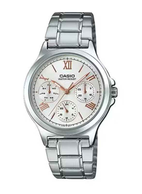 

Casio Analog Watch for Women with Stainless Steel Band, Water Resistant and Chronograph, LTP-V300D-7A2UDF, Silver-White