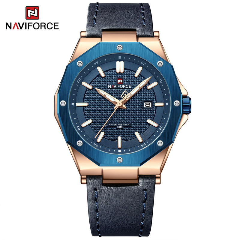 Naviforce Analog Watch for Men with Leather Band, Water Resistant, NF9200L, Blue-Blue