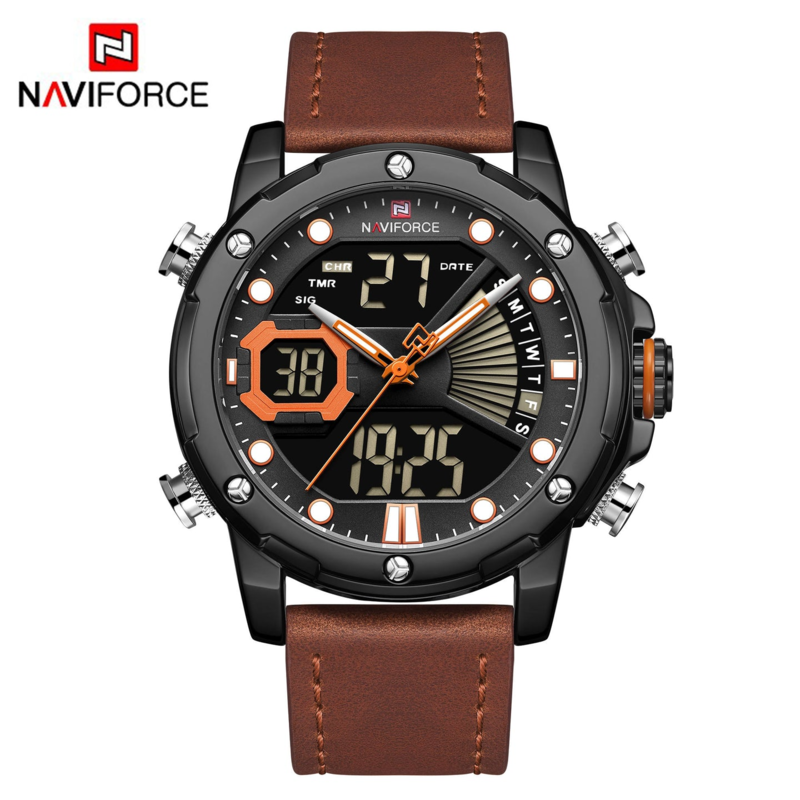 

Navi Force Analog/Digital Watch for Men with Leather Band, Water Resistant, 9172l, Brown-Black