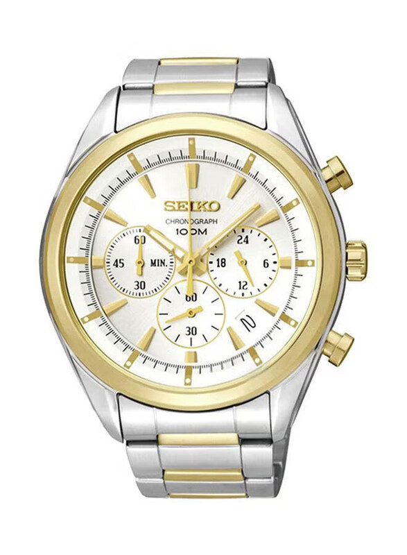 

Seiko Analog Watch for Men with Stainless Steel Band, Water Resistant, SSB090P1, Silver/Gold-Black