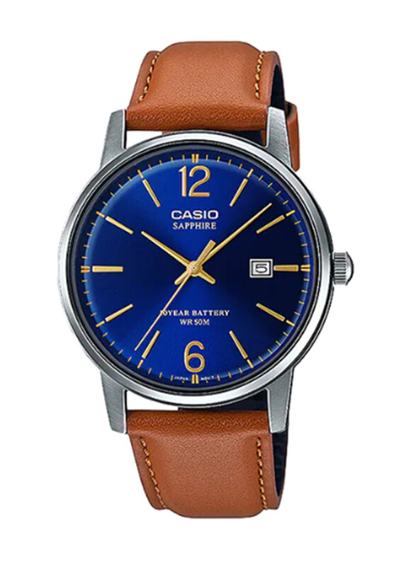 

Casio Standard Series Analog Watch for Men with Leather Band, Water Resistant, MTS-110L-2AVDF, Brown-Blue