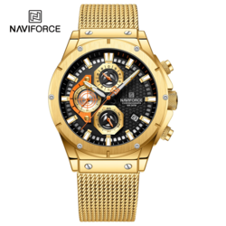 Naviforce Analog Watch for Men with Stainless Steel Band, Water Resistant and Chronograph, 8027 S, Gold-Black