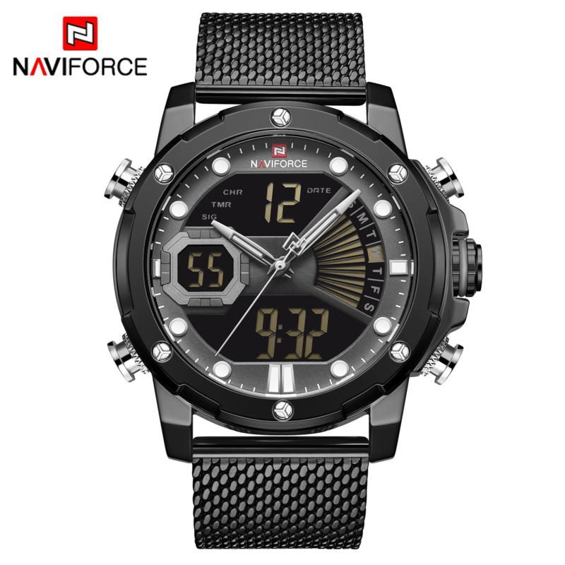 

Navi Force Analog/Digital Watch for Men with Stainless Steel Band, Water Resistant, 9172S, Black-Black