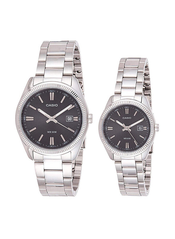 

Casio Analog Couple Unisex Watch Set with Stainless Steel Band, Water Resistant, MTP/LTP-1302D-1A1V, Silver-Black