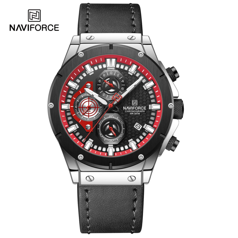 Naviforce Analog Watch for Men with Leather Genuine Band, Water Resistant and Chronograph, 8027 L, Black-Black