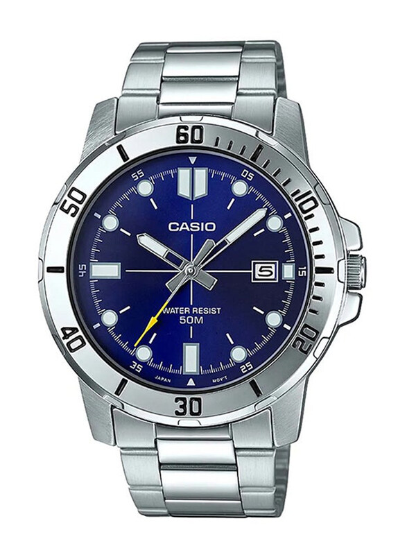 

Casio Analog Watch for Men with Stainless Steel Band, Water Resistant, MTP-VD01D-2EVUDF, Silver-Blue