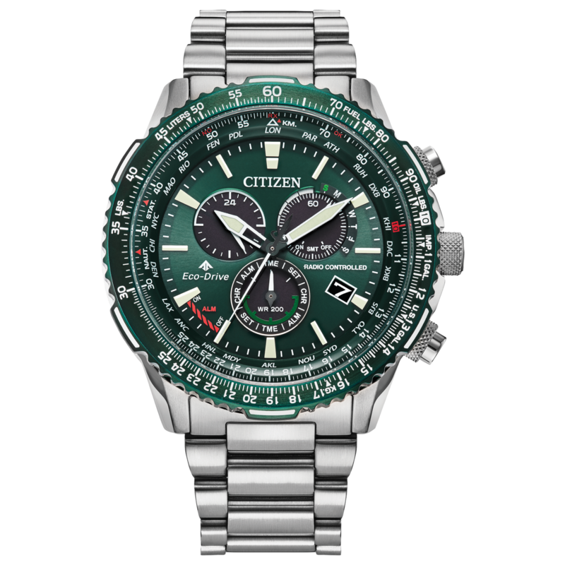 

Citizen Analog Watch for Men with Stainless Steel Band, Water Resistant and Chronograph, CB5004-5GW, Silver-Green