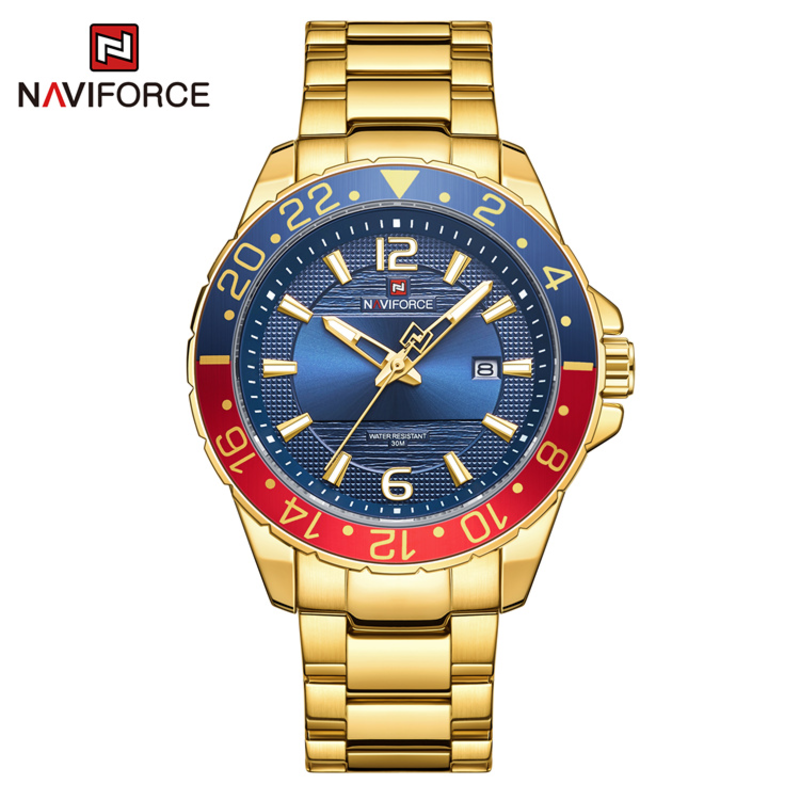 Naviforce Analog Watch for Men with Stainless Steel Band, Water Resistant, 9192, Gold-Blue