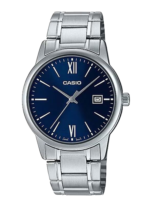 Casio Analog Watch for Men with Stainless Steel Band, Water Resistant, MTP-V002D-2B3UDF, Silver-Blue