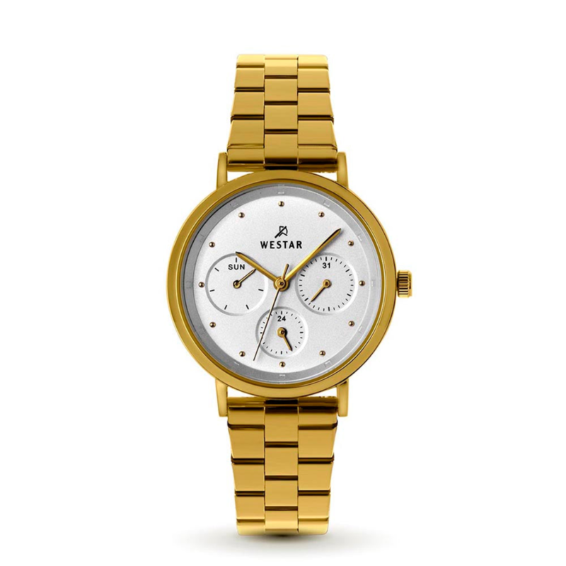 

Westar Analog Watch for Women with Stainless Steel Band, Water Resistant and Chronograph, 00143GPN107, Gold-White