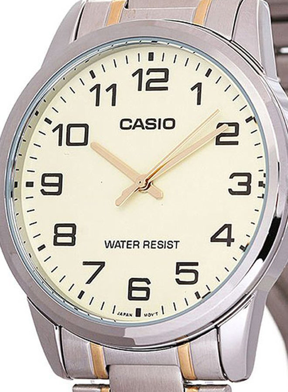 Casio Analog Watch for Men with Stainless Steel Band, Water Resistant, MTP-V001SG-9B, Silver-Beige