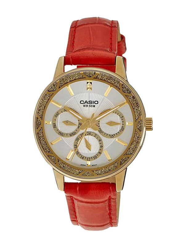 

Casio Enticer Analog Watch for Women with Leather Band, Water Resistant and Chronograph, LTP-2087GL-4AVDF, Red-White