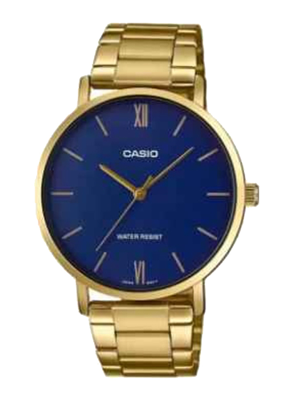 Casio Analog Watch for Men with Stainless Steel Band, Water Resistant, MTP-VT01G-2B2UDF, Gold-Blue