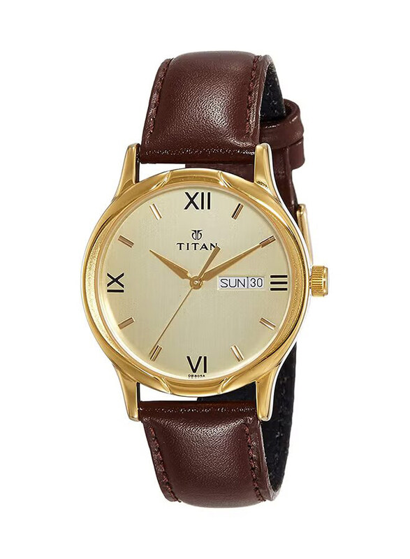 

Titan Analog Watch for Men with Leather Band, 1580YL05, Brown-Gold