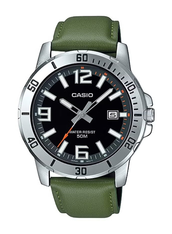 Casio Analog Watch for Men with Leather Band, MTP-VD01L-3BVUDF, Green-Black