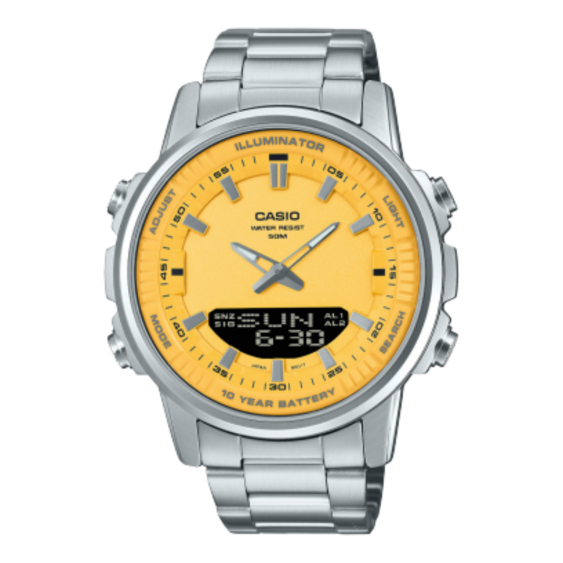 

Casio Analog/Digital Watch for Men with Stainless Steel Band, Water Resistant, AMW-880D-9AVDF, Silver-Yellow