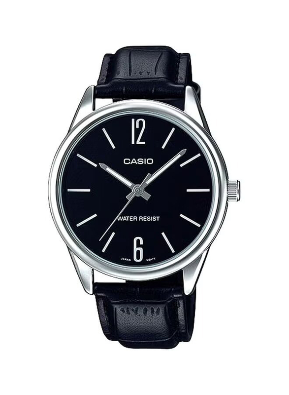 Casio Enticer Analog Watch for Men with Leather Band, Water Resistant, MTP-V005L-1BUDF, Black-Black