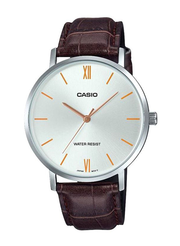 Casio Analog Watch for Men with Leather Band, Water Resistant, MTP-VT01L-7B2UDF, Brown-White