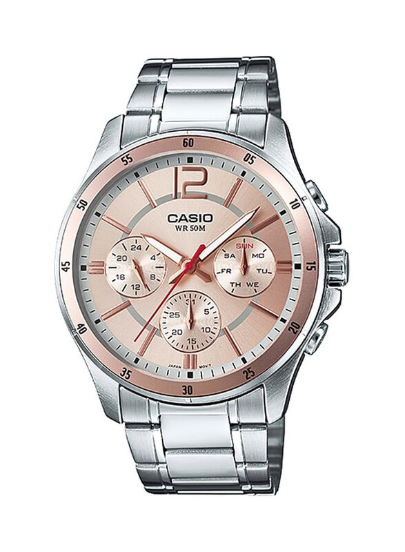 

Casio Enticer Analog Watch for Men with Stainless Steel Band, Water Resistant & Chronograph, MTP-1374D-9A, Rose Gold-Silver