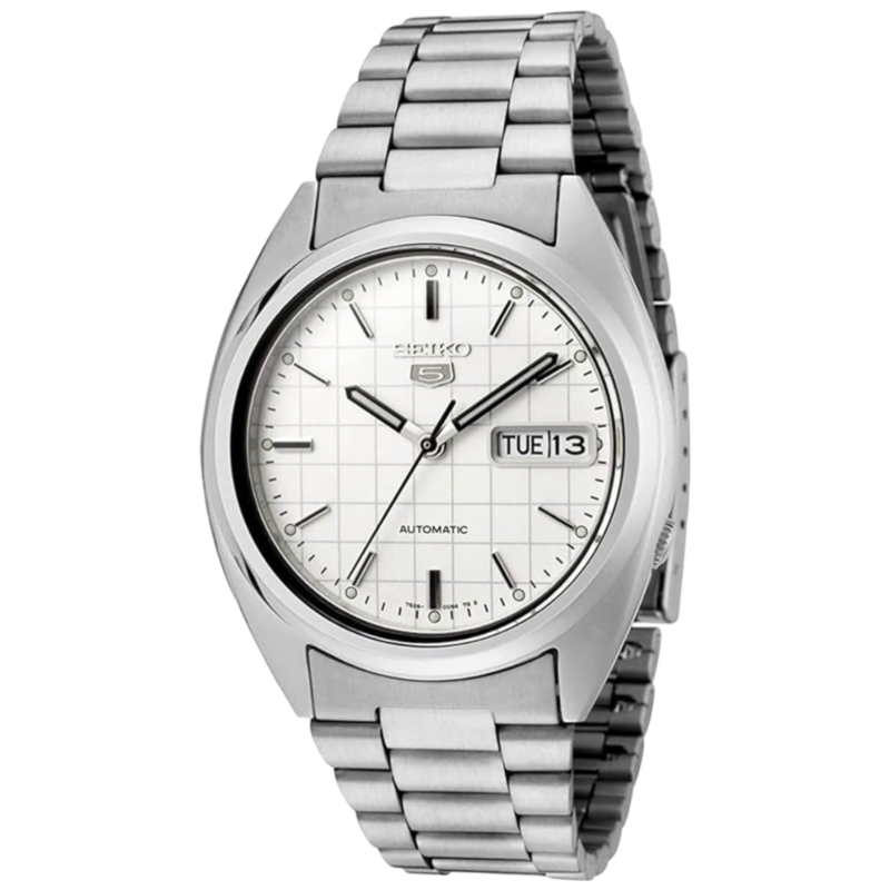 

Seiko Series 5 Analog Watch for Men with Stainless Steel Band, Water Resistant, SNXF05K1, Silver-White