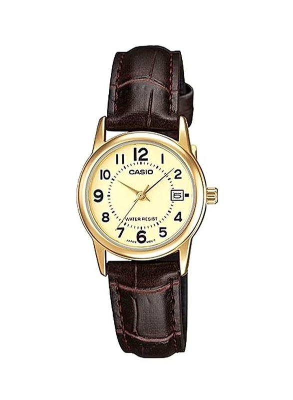 Casio Quartz Analog Watch for Women with Leather Band, Water Resistant, LTP-V002GL-9BUDF, Brown-Yellow