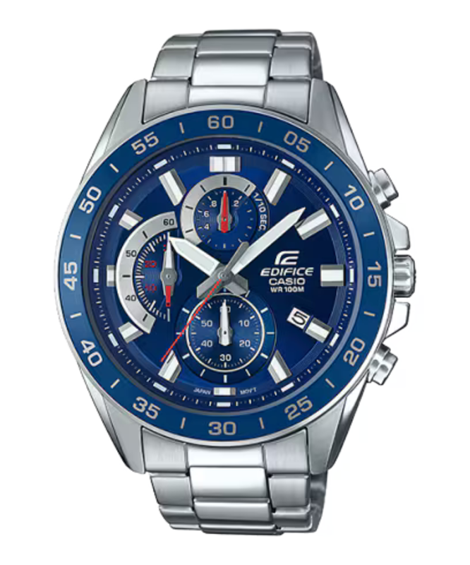 

Casio Edifice Analog Watch for Men with Stainless Steel Band, Water Resistant and Chronograph, EFV-550D-2AV, Silver-Blue