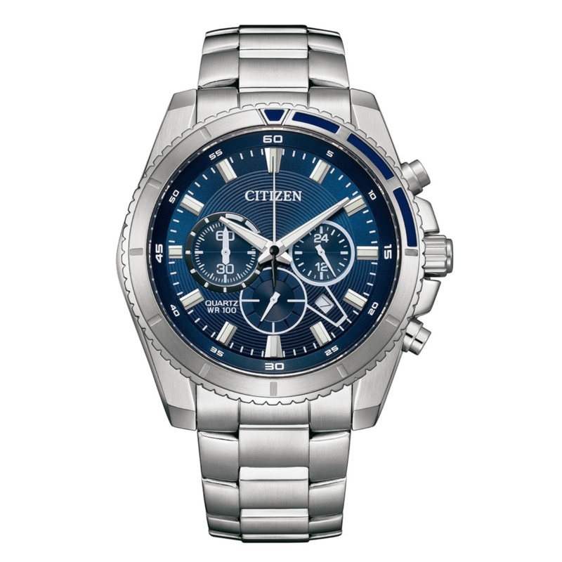 

Citizen Analog Watch for Men with Stainless Steel Band, Water Resistant and Chronograph, AN8201-57L, Silver-Blue