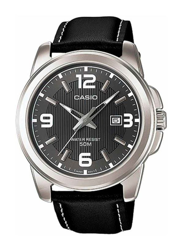 

Casio Enticer Analog Watch for Men with Leather Band, Water Resistant, MTP1314L-8AV, Black-Grey