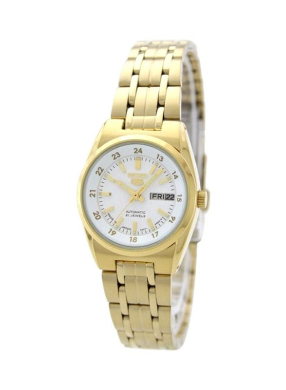 

Seiko 5 Finder Analog Watch for Women with Stainless Steel Band, Water Resistant, SYMC02, Gold-White