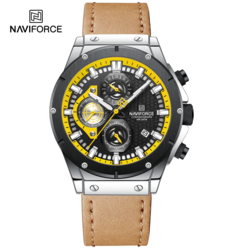 Naviforce Analog Watch for Men with Leather Genuine Band, Water Resistant and Chronograph, 8027 L, Light Brown-Black